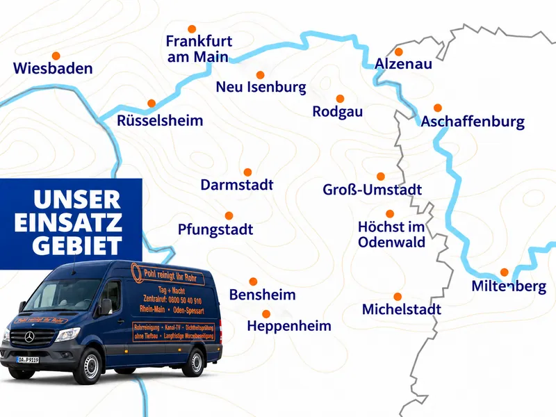Karte des Einsatzgebiets von Wiesbaden und Frankfurt bis Aschaffenburg, Miltenberg und Heppenheim