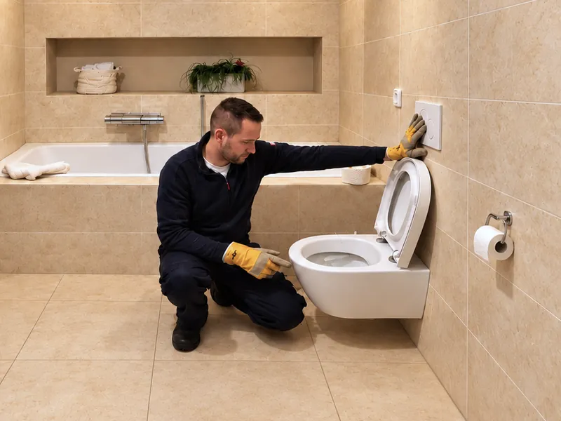 Monteur prüft ein verstopftes WC